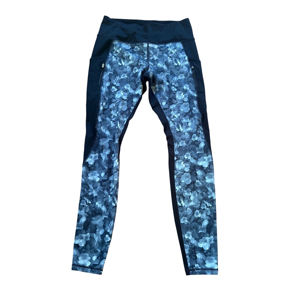 Athleta Black Gray Frost Floral Print Traverse High Rise Leggings Large Tall LT